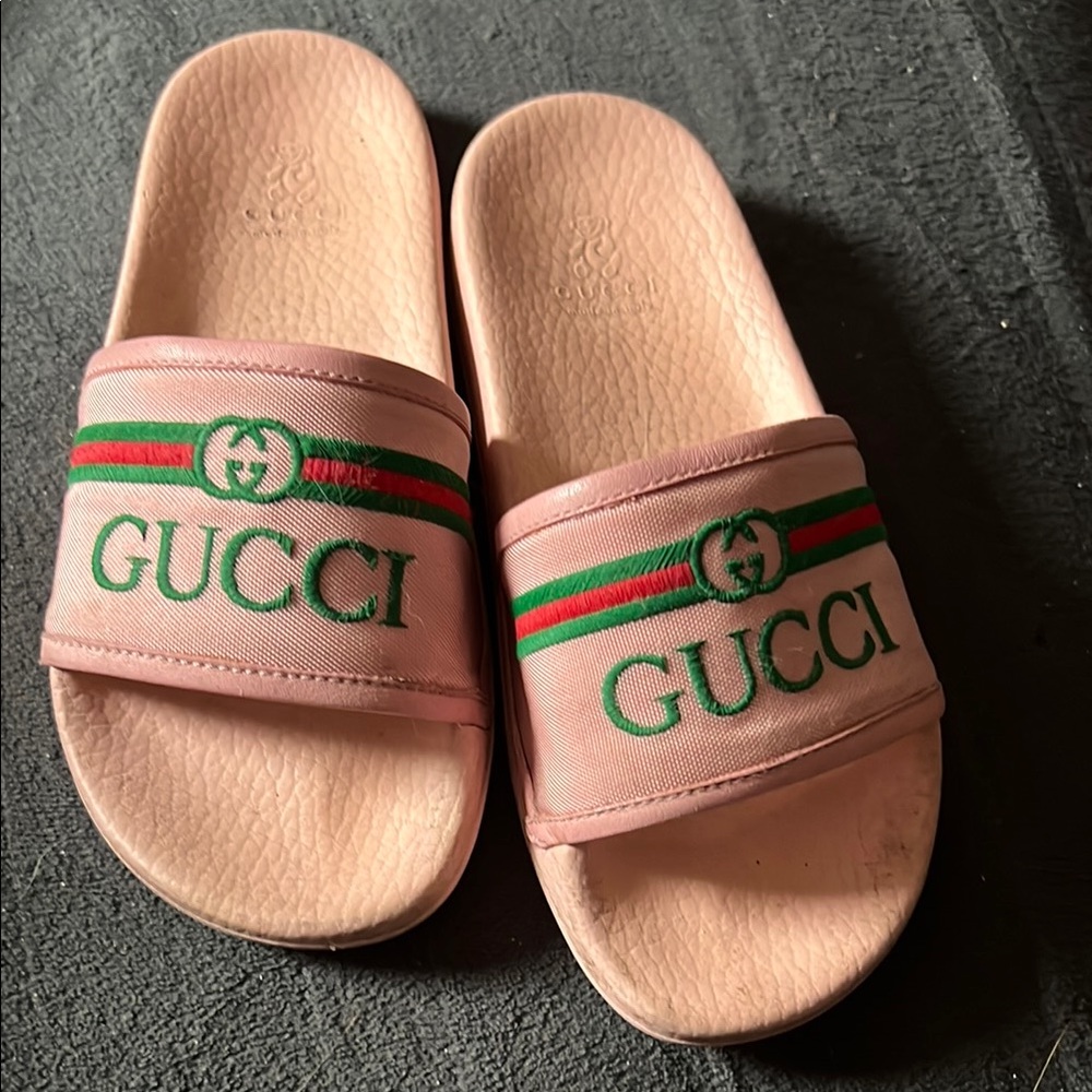Gucci Pink Slides with Green and Red Stripes